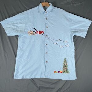 Bamboo Cay Tropical Shirt Men's Small Christmas Santa Embroidered Accent Blue